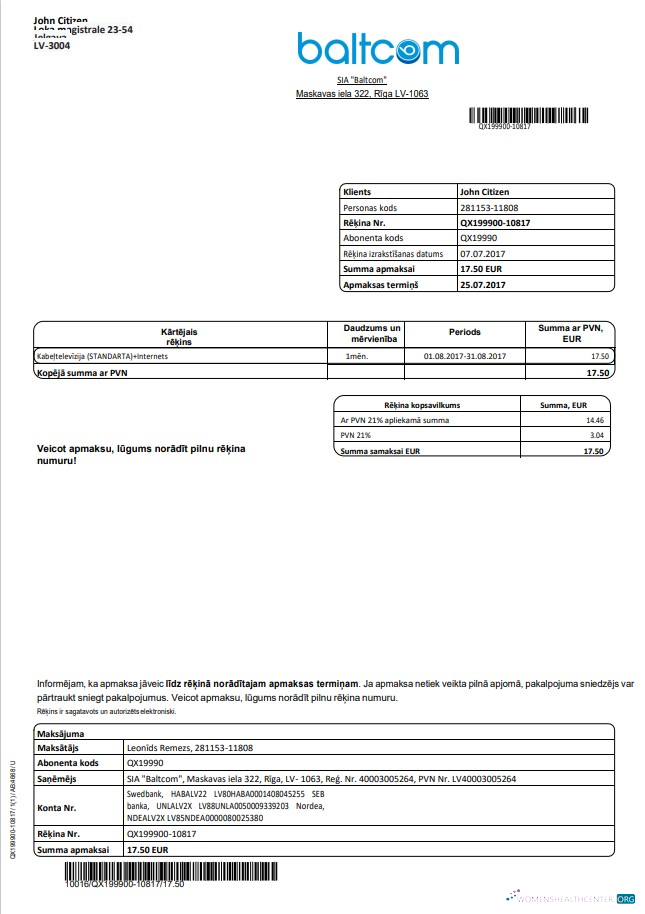 Latvia Baltcom telecommunications utility bill template in Word and PDF format (Latvian version)